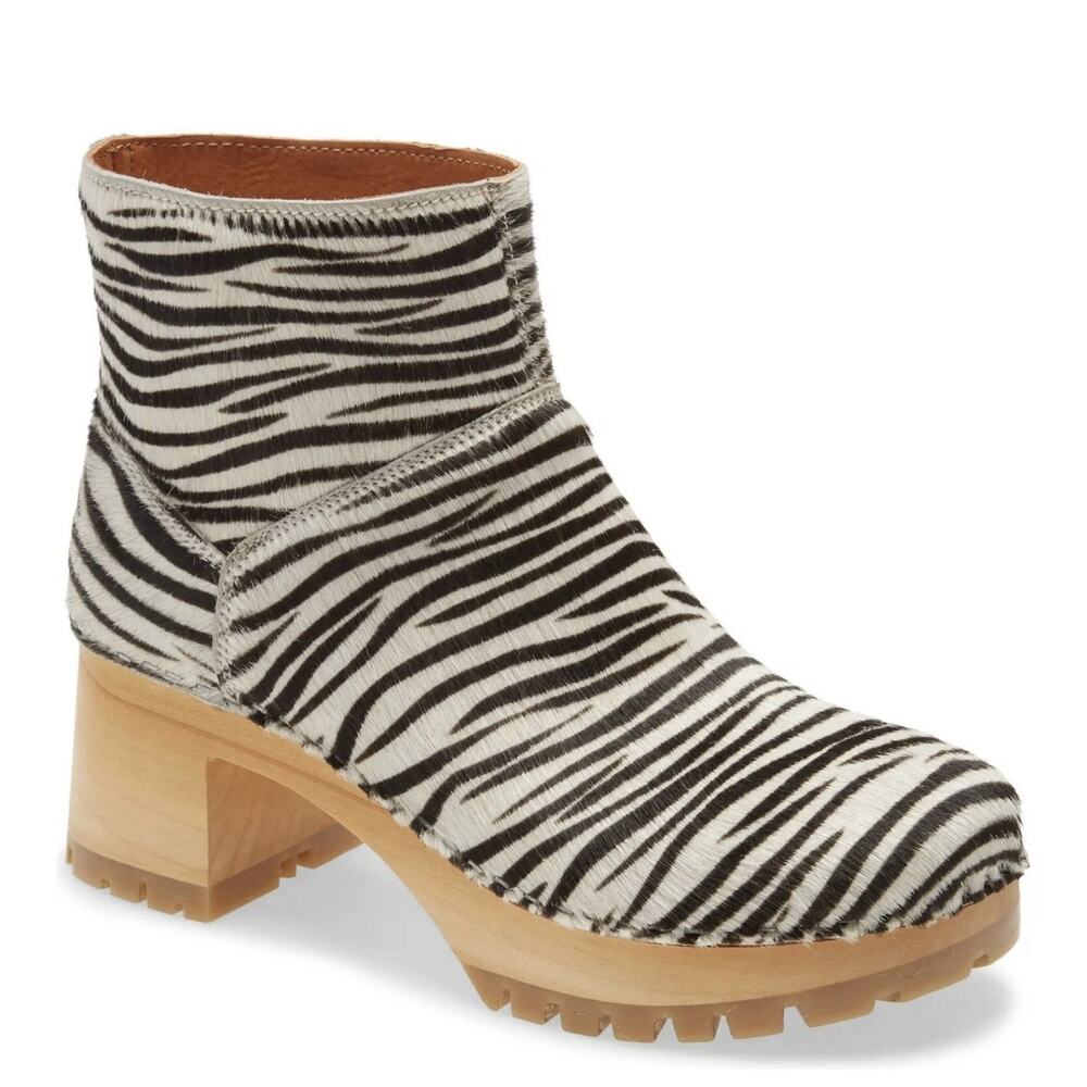 Hasbeens Swedish 39 Zebra‎ Calf Hair Leather Wooden Clog Ankle Booties NWOB